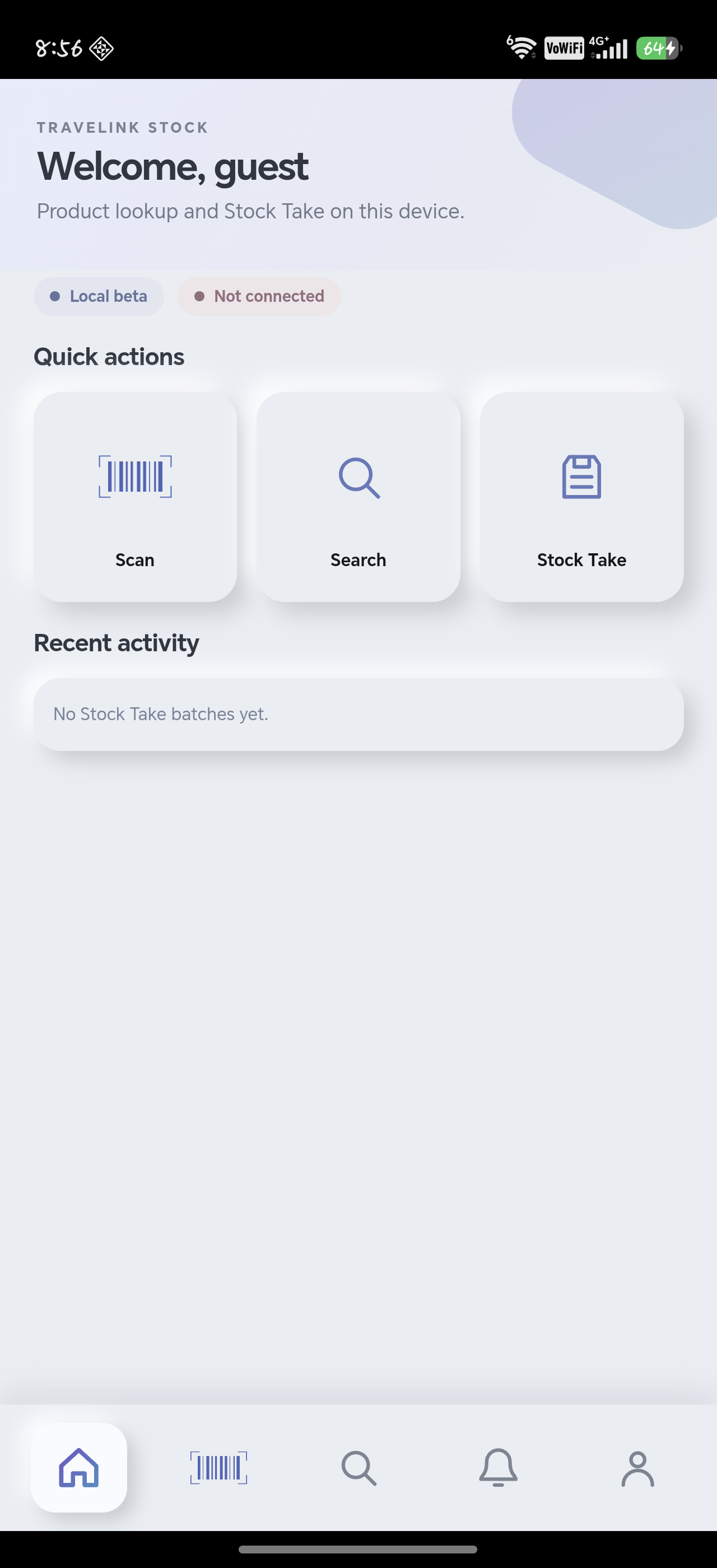 Travelink guest stock screen with Scan, Search and Stock Take actions